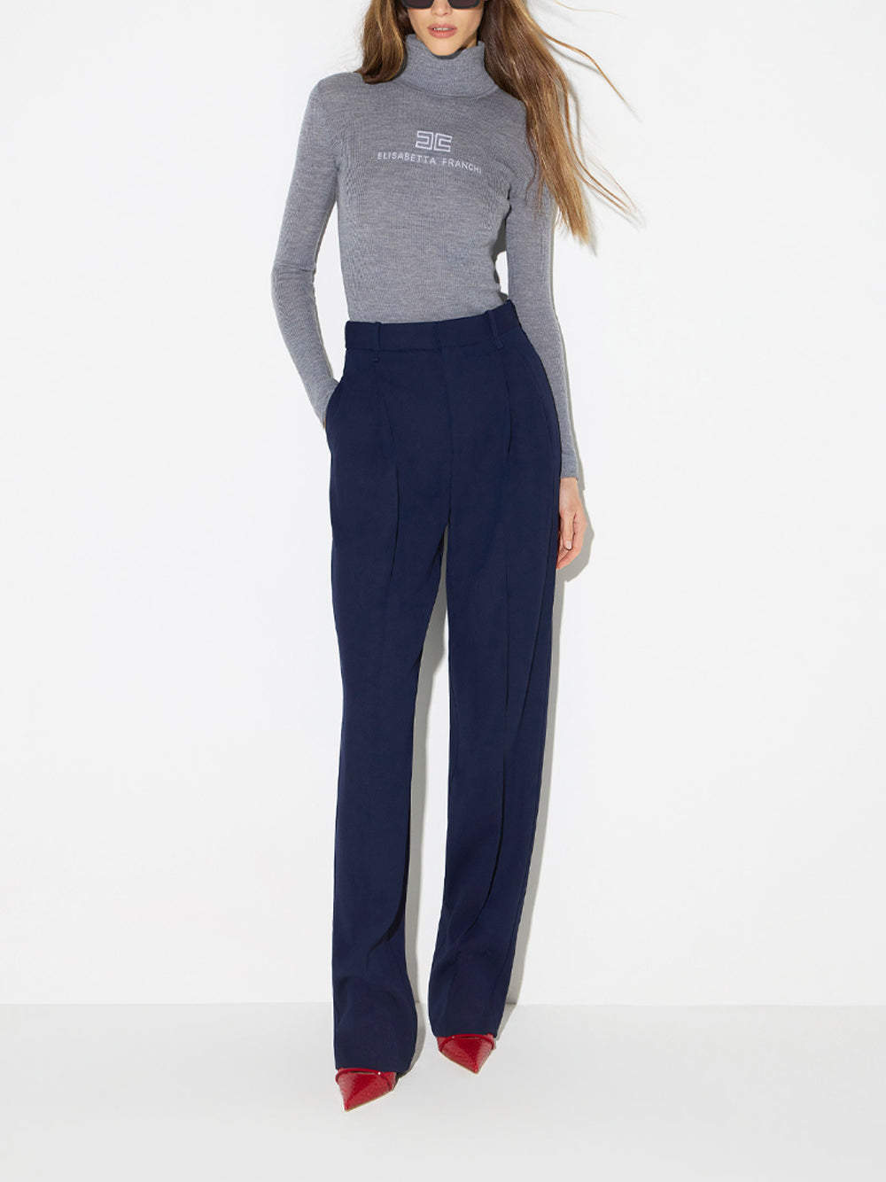 ELISABETTA FRANCHI Ribbed Knit Top - G41 GRIGIO MELANGE/AVORIO