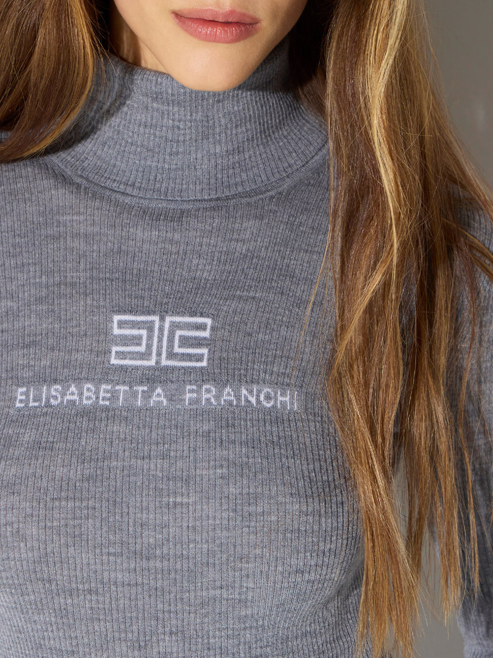 ELISABETTA FRANCHI Ribbed Knit Top - G41 GRIGIO MELANGE/AVORIO
