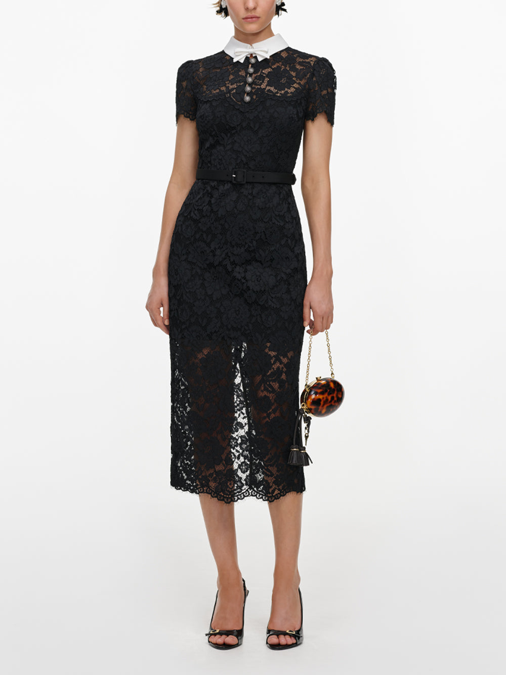 SELF-PORTRAIT Lace Contrast Collar Midi Dress BLACK