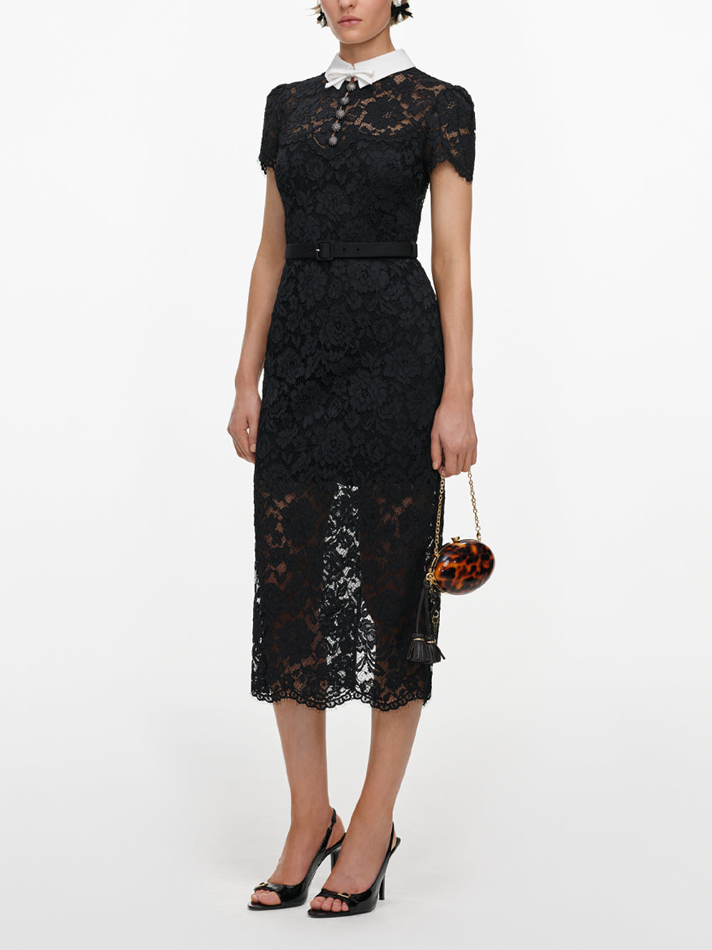 SELF-PORTRAIT Lace Contrast Collar Midi Dress BLACK