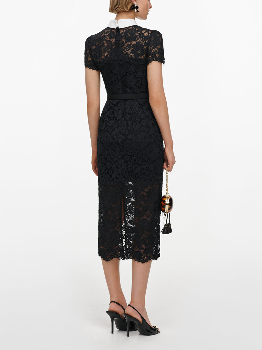 SELF-PORTRAIT Lace Contrast Collar Midi Dress BLACK