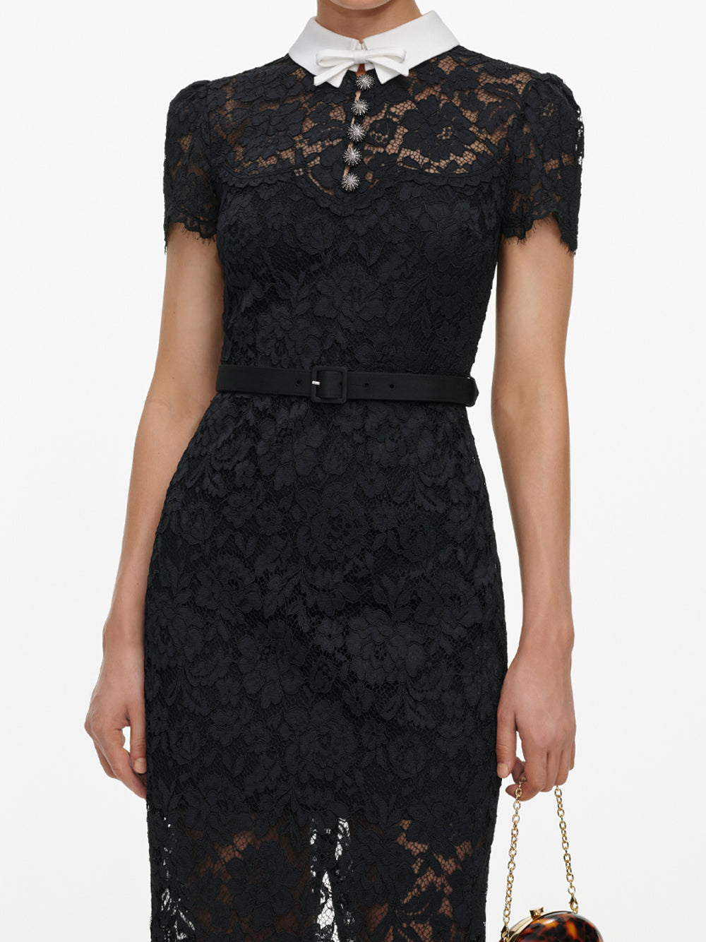 SELF-PORTRAIT Lace Contrast Collar Midi Dress BLACK