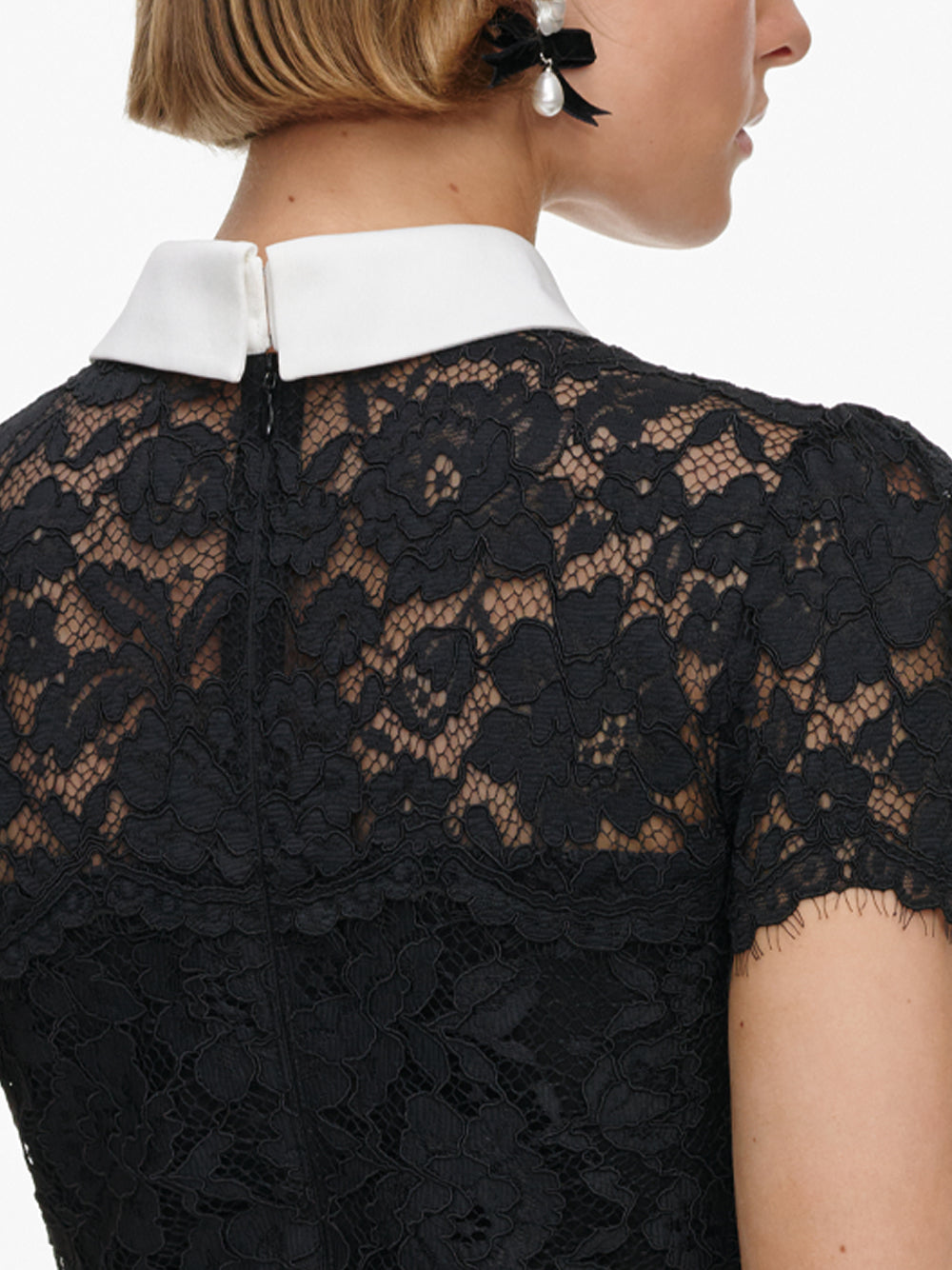 SELF-PORTRAIT Lace Contrast Collar Midi Dress BLACK