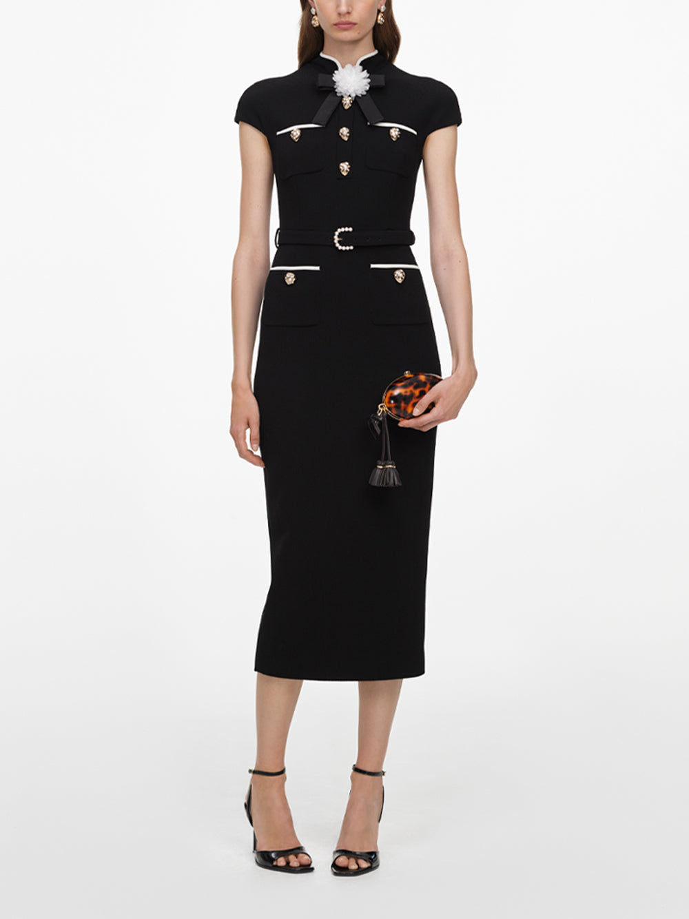 SELF-PORTRAIT Wool Crepe Midi Dress BLACK