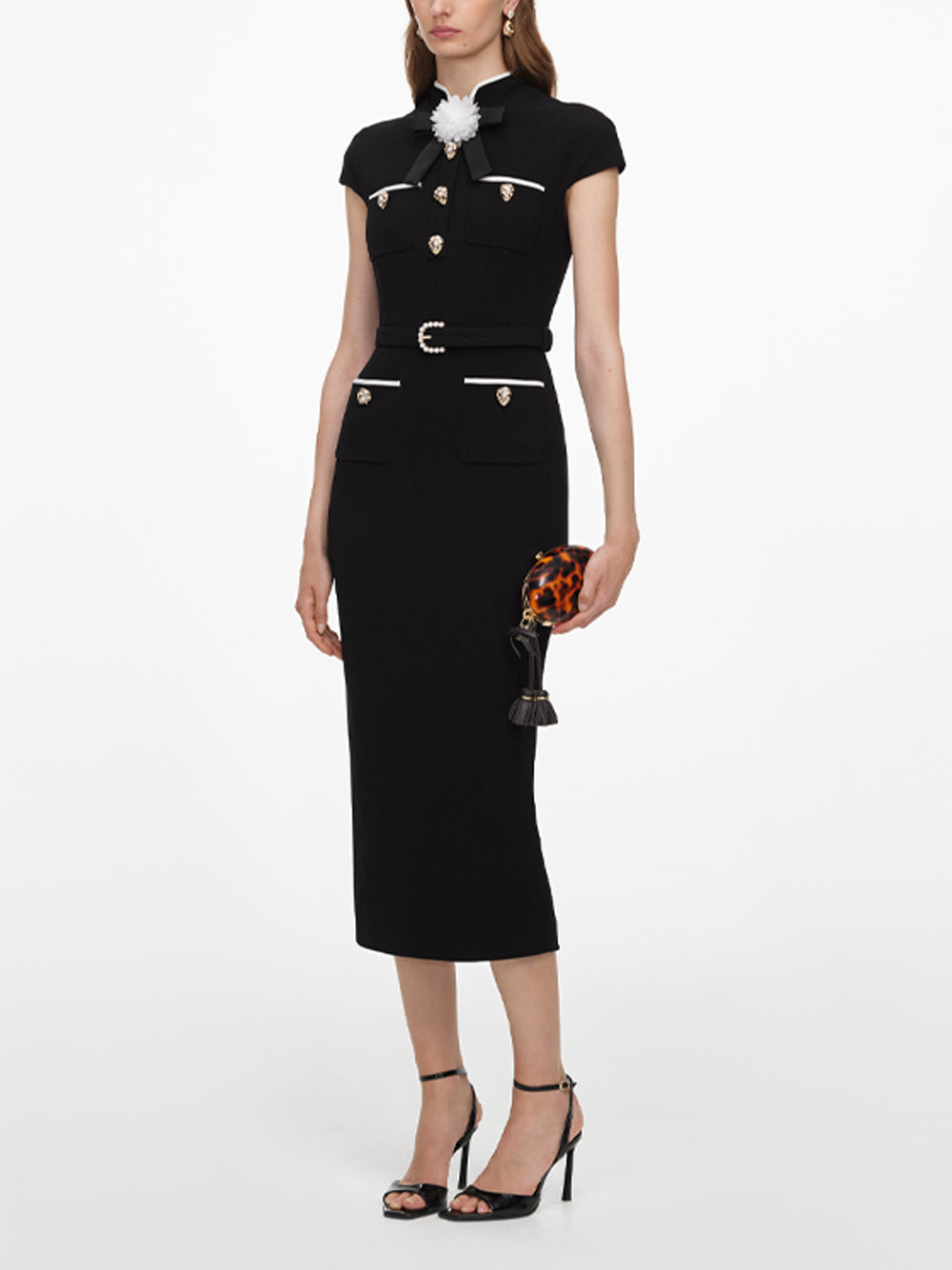 SELF-PORTRAIT Wool Crepe Midi Dress BLACK