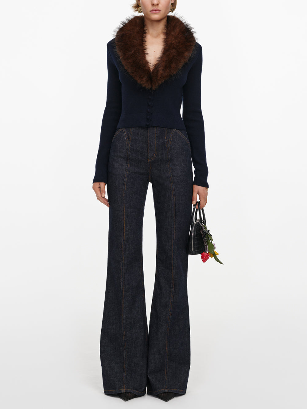 SELF-PORTRAIT Faux Fur Knit Cardigan NAVY