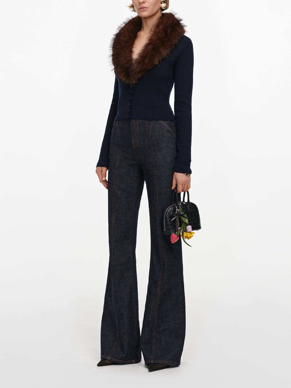 SELF-PORTRAIT Faux Fur Knit Cardigan NAVY