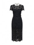 SELF-PORTRAIT Lace Contrast Collar Midi Dress BLACK