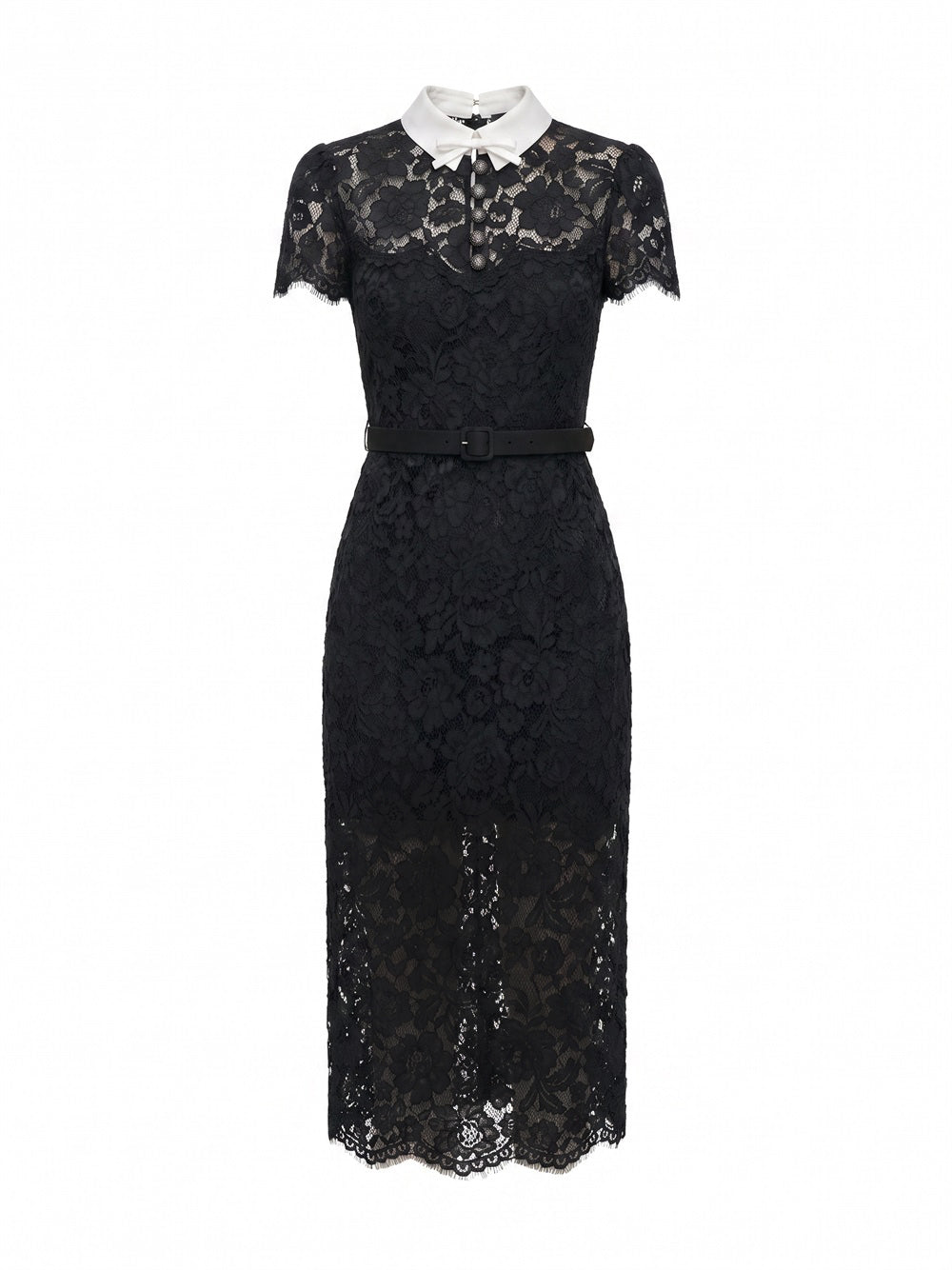 SELF-PORTRAIT Lace Contrast Collar Midi Dress BLACK