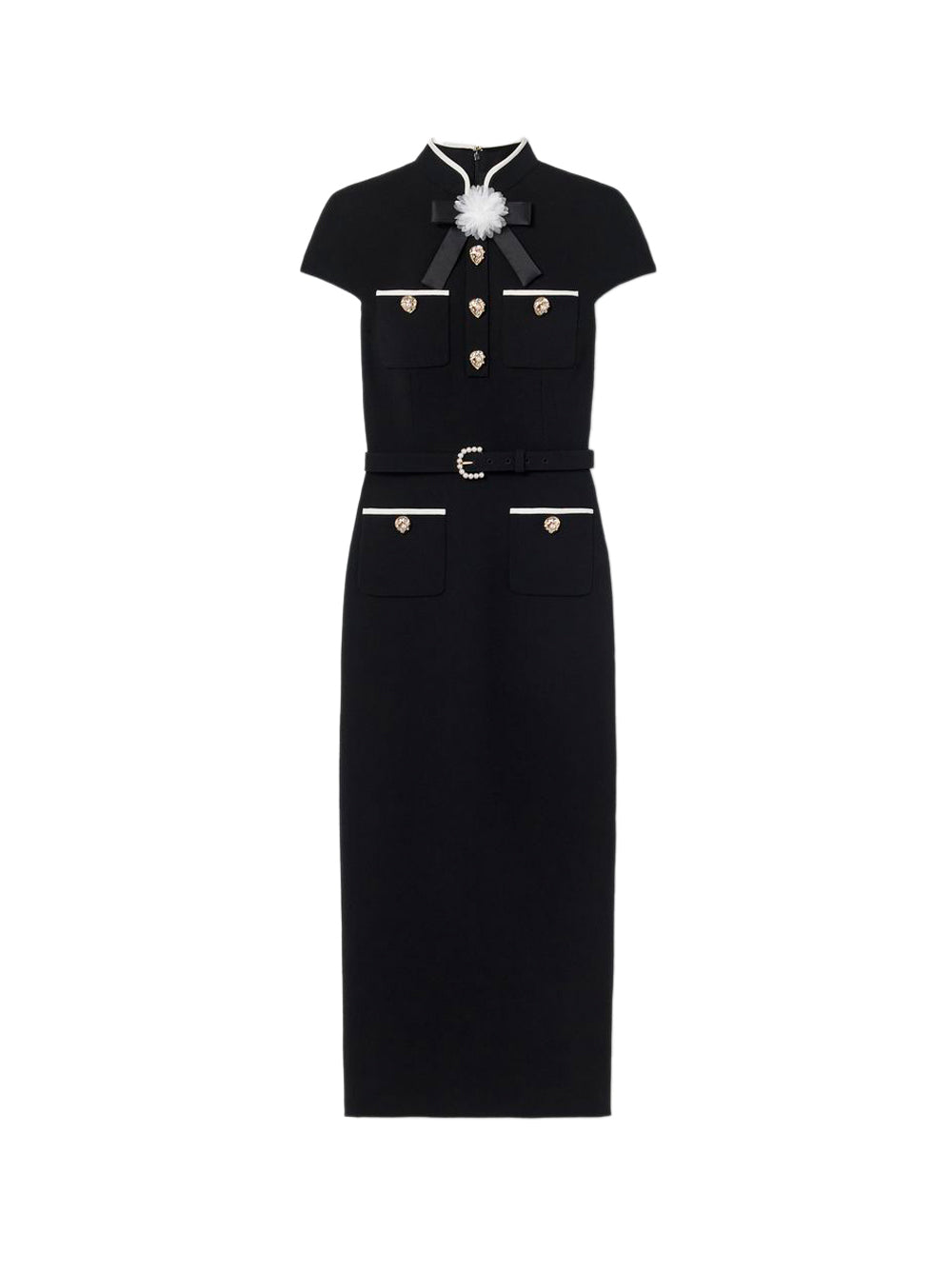 SELF-PORTRAIT Wool Crepe Midi Dress BLACK