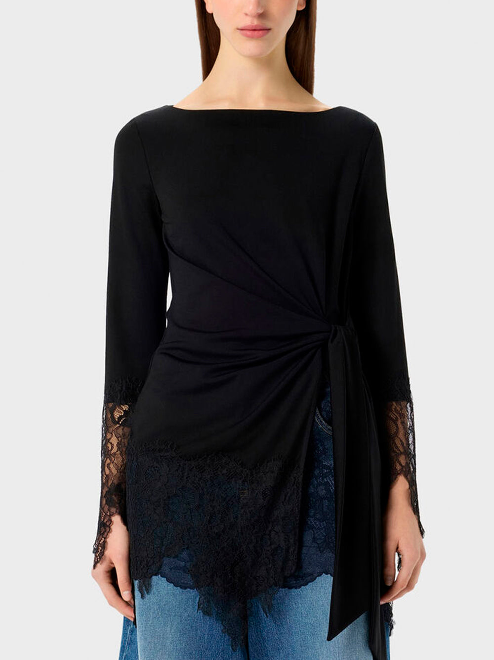 BLUMARINE Jersey Tunic with Lace Ruffles 22222 BLACK