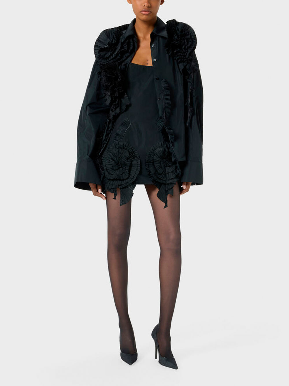 BLUMARINE Short Taffeta Dress with Pleated Roses 22222 BLACK